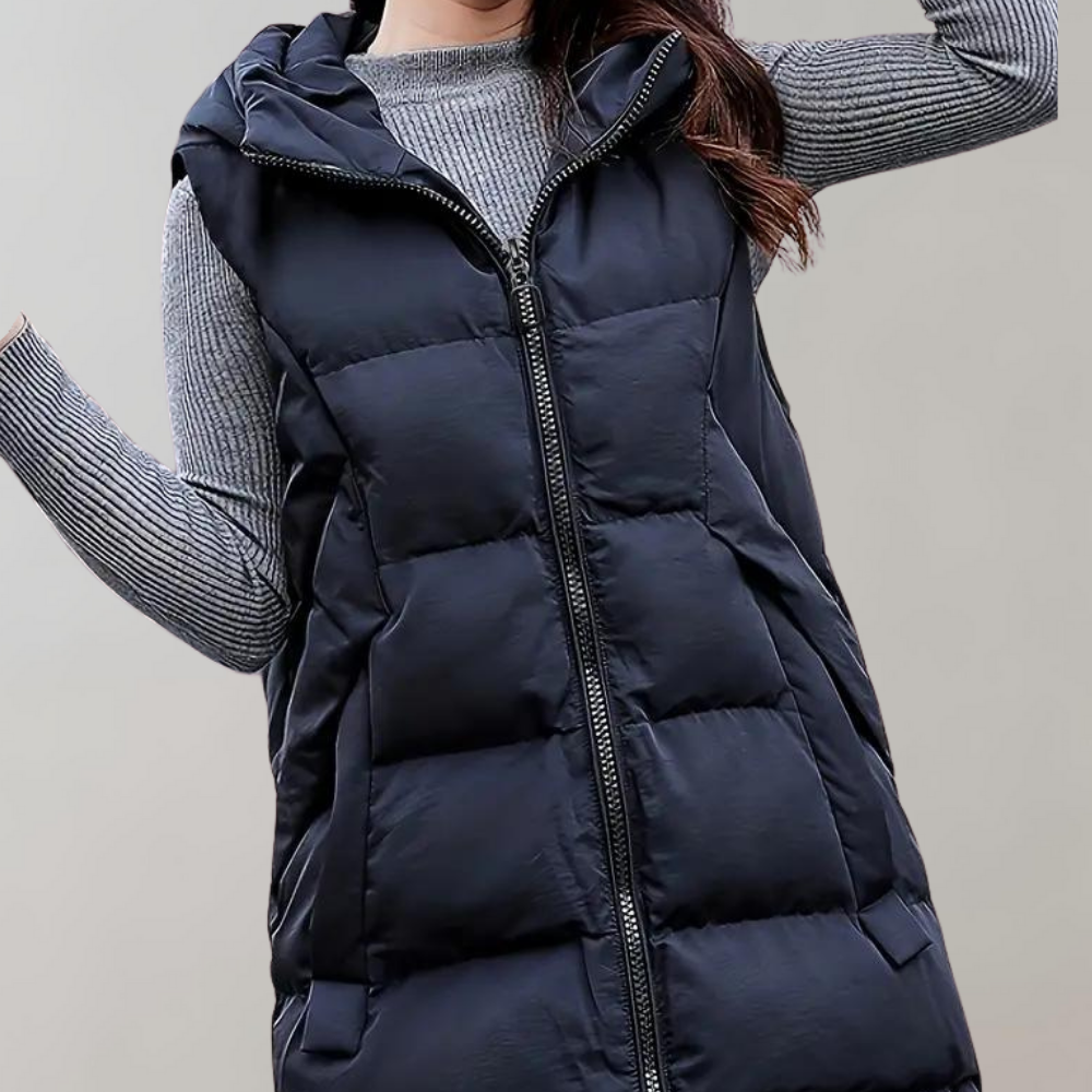 Puffer Vest - Lång huva med dragkedja och huva för kvinnor Vinterväst Bodywarmer