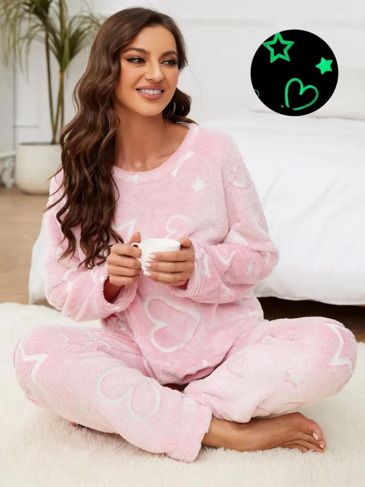 Pyjamasset med hjärta | Dam Mysiga vinternattplagg i fleece