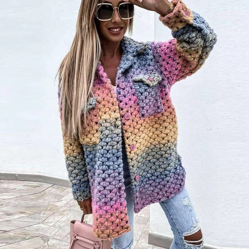 Rainbow Jacka - Varm, Knappad Vävd Jacka med Flätad Design för Damer