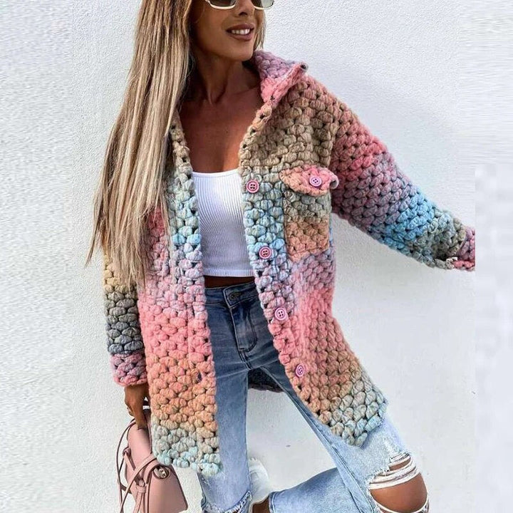 Rainbow Jacka - Varm, Knappad Vävd Jacka med Flätad Design för Damer