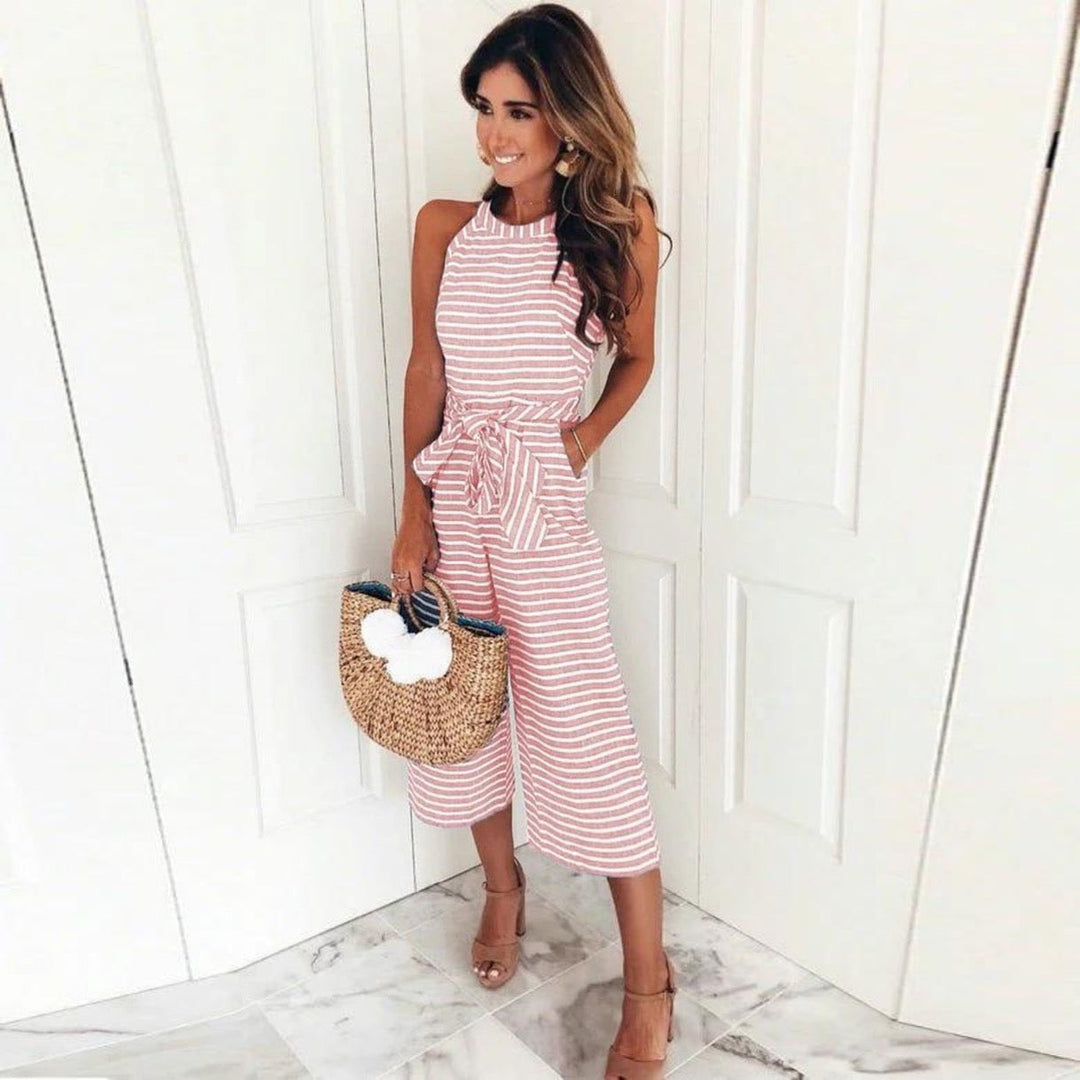 Randig Jumpsuit - Ärmlös - Knuten Midja - Sommarjumpsuit - Damkläder