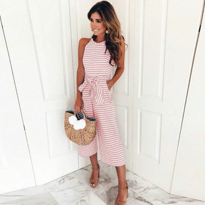 Randig Jumpsuit - Ärmlös - Knuten Midja - Sommarjumpsuit - Damkläder