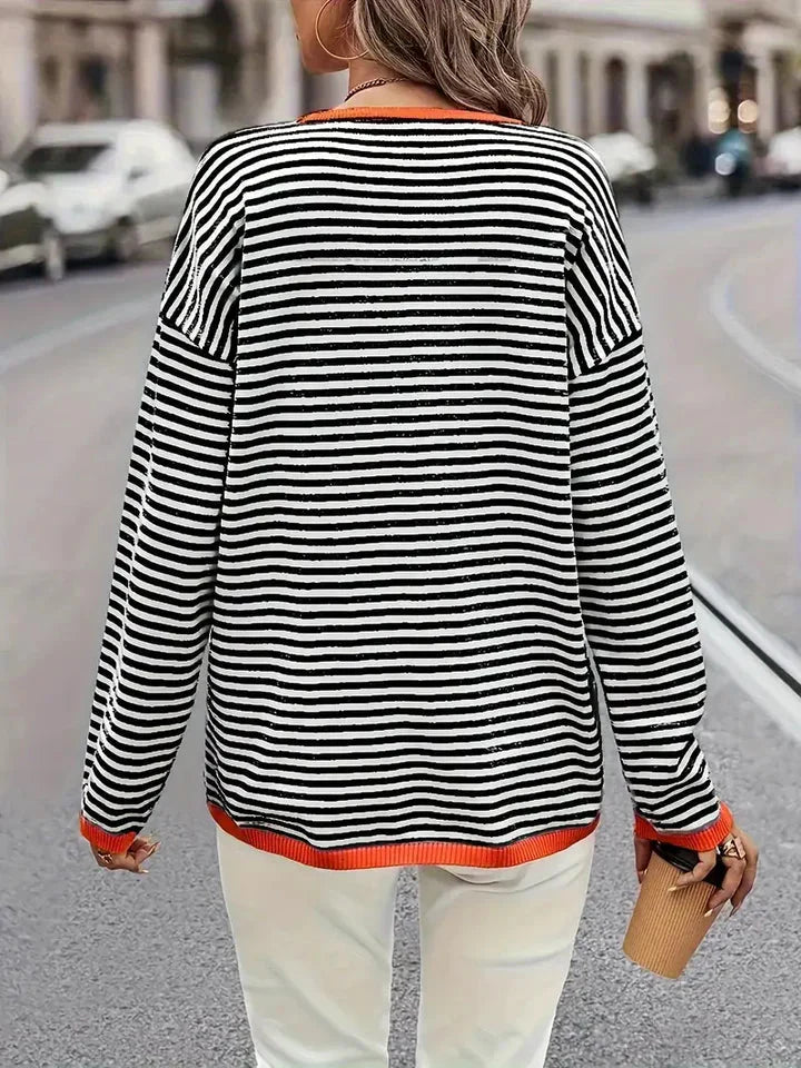 Randig blus - Löst sittande - Rund halsringning - Långärmade toppar - Oversized blus