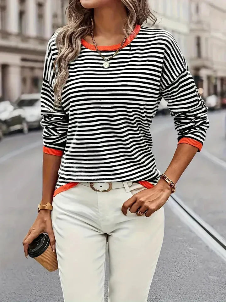 Randig blus - Löst sittande - Rund halsringning - Långärmade toppar - Oversized blus