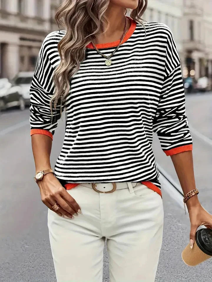 Randig blus - Löst sittande - Rund halsringning - Långärmade toppar - Oversized blus