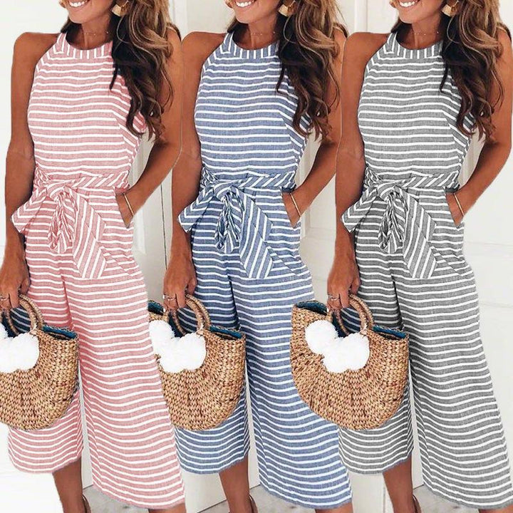 Randig jumpsuit - Ärmlös - Knuten midja - Jumpsuit med vida ben - Sommarkläder för kvinnor
