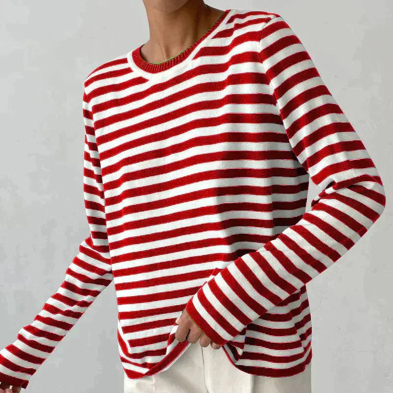Randig tröja | Crew Neck | Tunn | Oversized Långärmad | Damtröjor