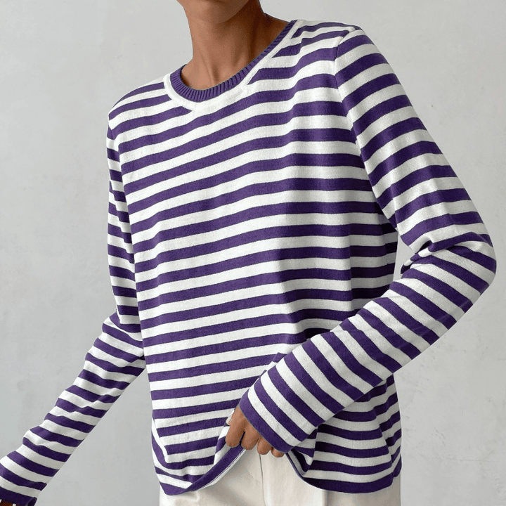 Randig tröja | Crew Neck | Tunn | Oversized Långärmad | Damtröjor
