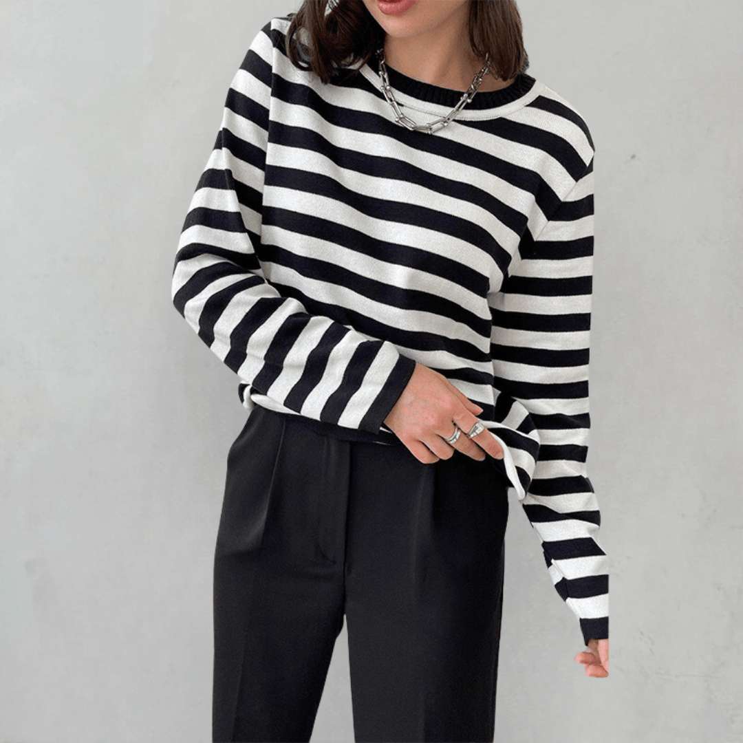 Randig tröja | Crew Neck | Tunn | Oversized Långärmad | Damtröjor