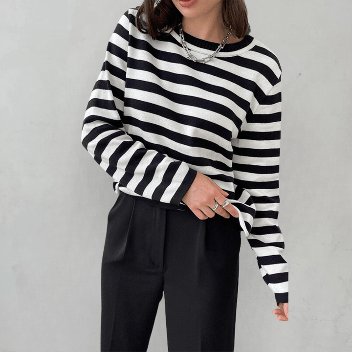 Randig tröja | Crew Neck | Tunn | Oversized Långärmad | Damtröjor