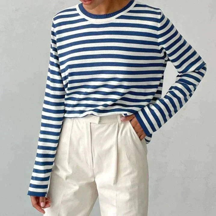 Randig tröja | Crew Neck | Tunn | Oversized Långärmad | Damtröjor