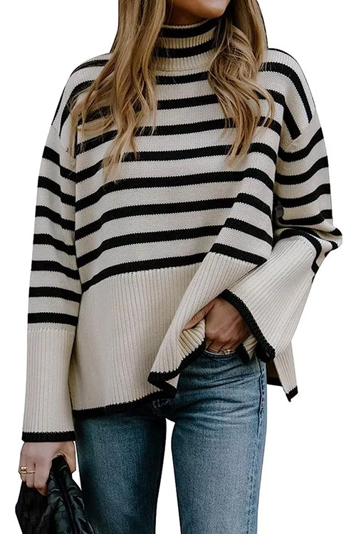 Kvinnors Randig Turtleneck Tröja med Sidospalt