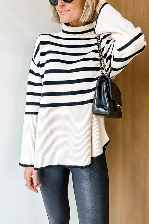 Kvinnors Randig Turtleneck Tröja med Sidospalt