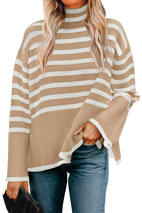 Kvinnors Randig Turtleneck Tröja med Sidospalt