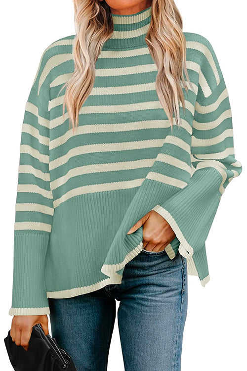 Kvinnors Randig Turtleneck Tröja med Sidospalt