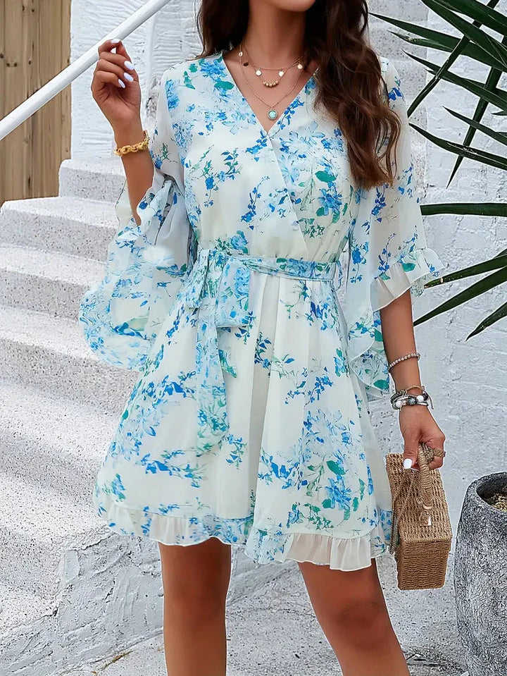 Ruffig klänning, Blommig, Halv ärm, Sommarklänning, Solklänningar