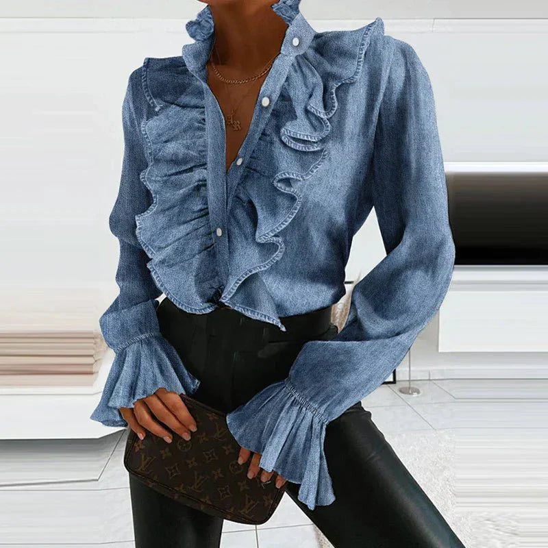 Rufflad Blus | Långärmad | Knäppt | V-ringad blus | Chiffongblus