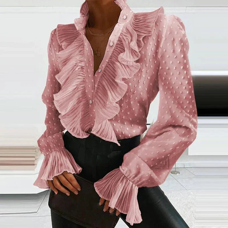 Rufflad Blus | Långärmad | Knäppt | V-ringad blus | Chiffongblus