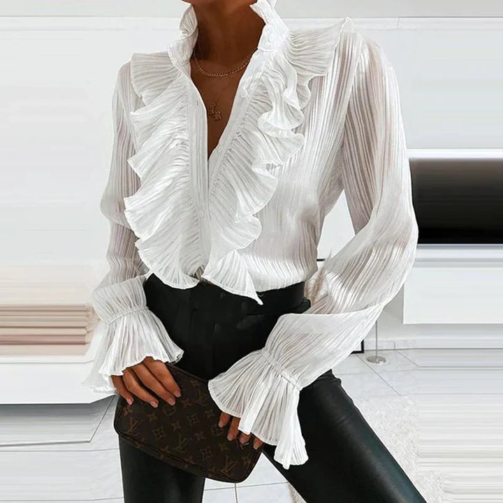 Rufflad Blus | Långärmad | Knäppt | V-ringad blus | Chiffongblus