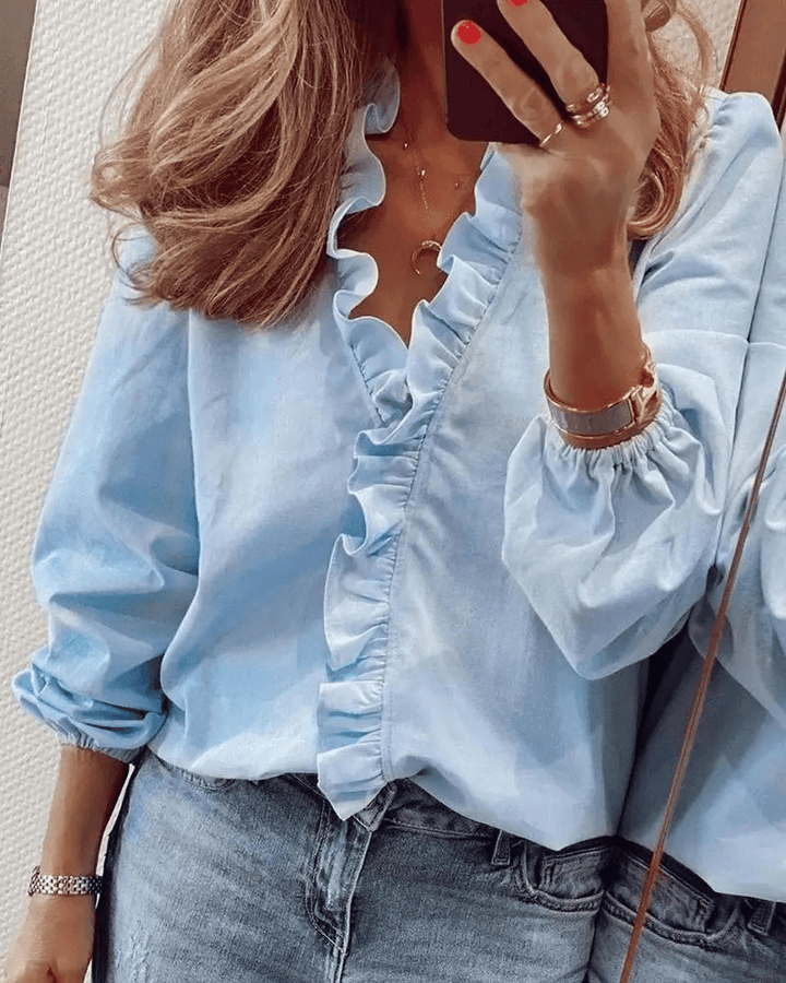 Ruffle Blouse | Elegant | Långärmad | V-Neck Blouse | Damskjorta