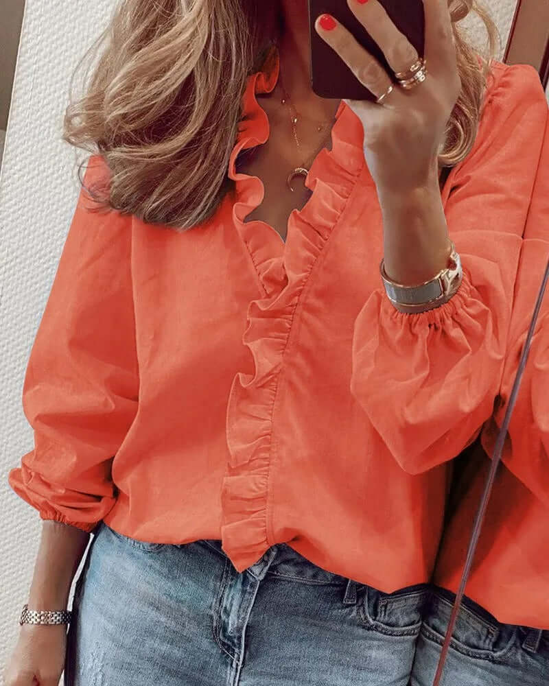 Ruffle Blouse | Elegant | Långärmad | V-Neck Blouse | Damskjorta