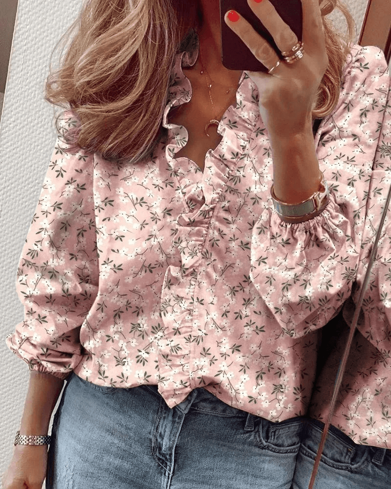 Ruffle Blouse | Elegant | Långärmad | V-Neck Blouse | Damskjorta