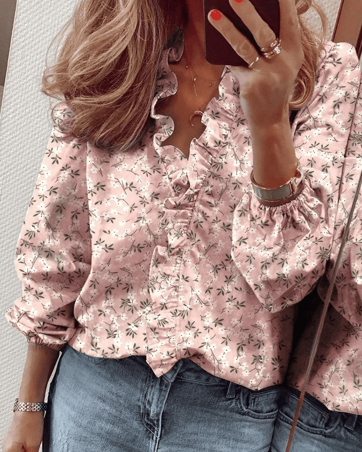 Ruffle Blouse | Elegant | Långärmad | V-Neck Blouse | Damskjorta