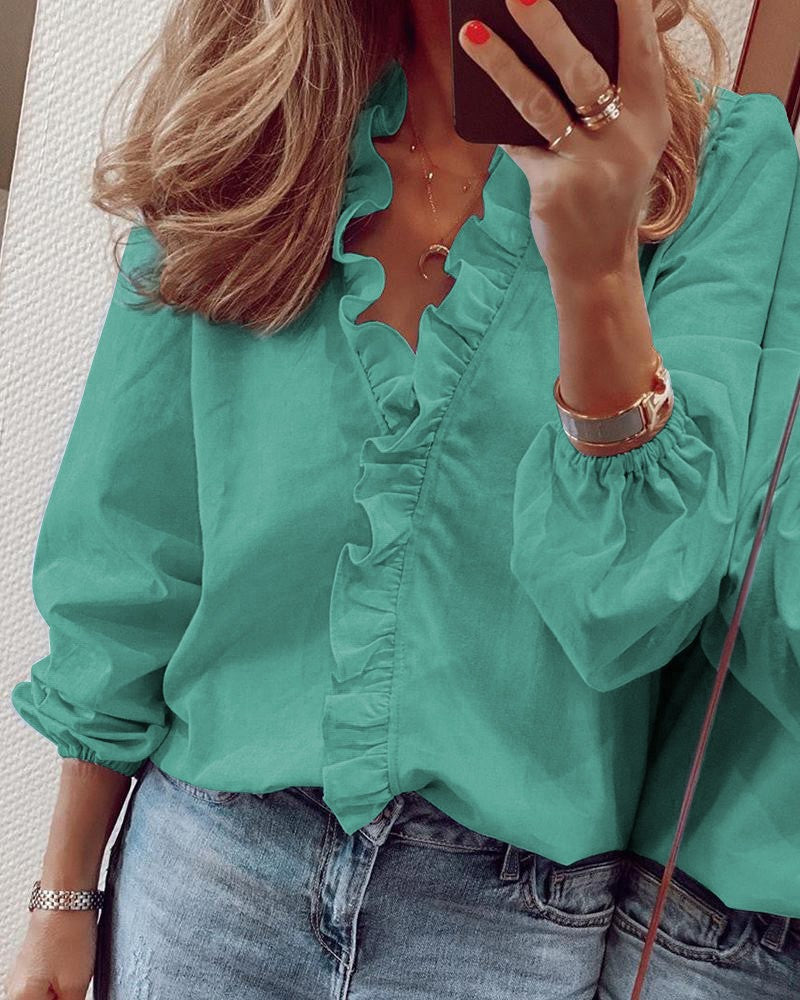Ruffle Blouse - Elegant - Långärmad - V-ringad blus - Damskjortor