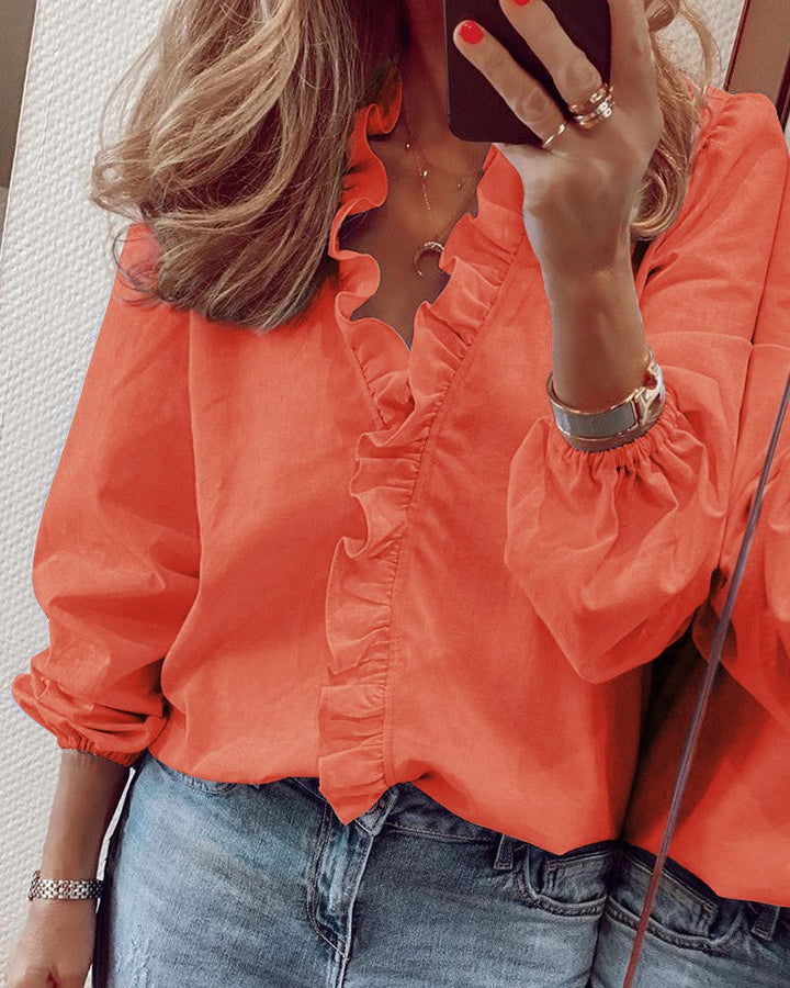Ruffle Blouse - Elegant - Långärmad - V-ringad blus - Damskjortor