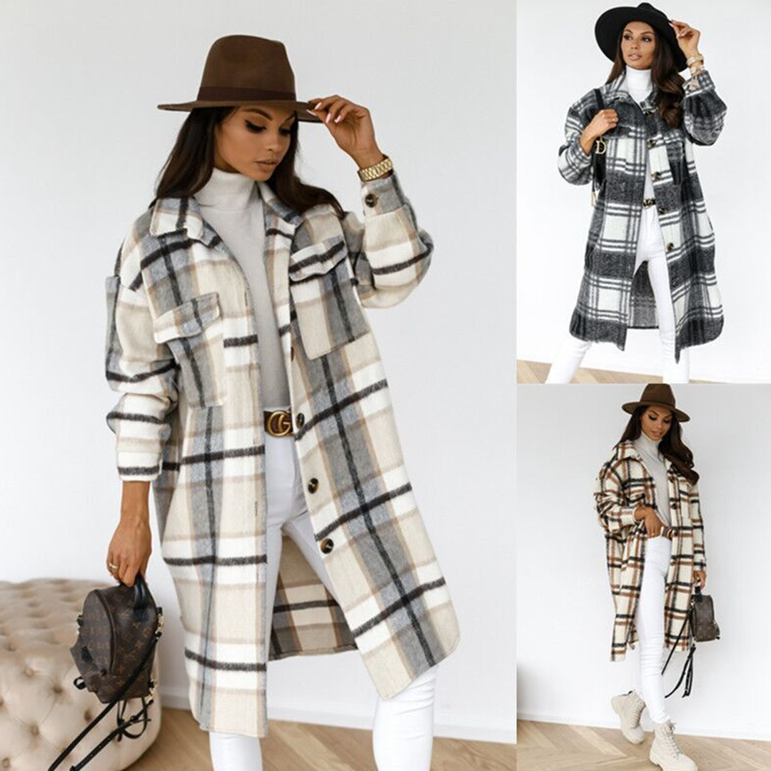 Rutig kappa - Oversized - Knappslå - Ullkappa - Damjacka