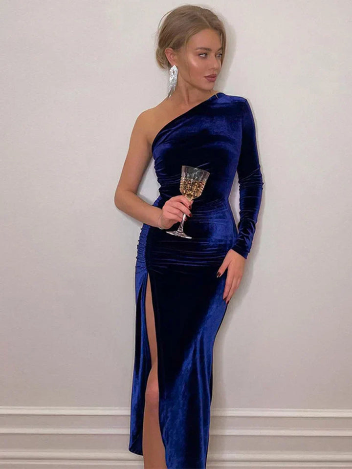 Sammetsklänning - Enärmad - Slits - Maxi aftonklänning - Elegant klänning