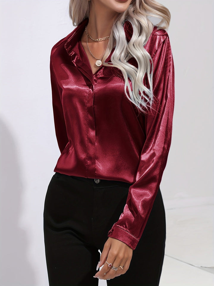 Satin Blouse - Glänsande Långärmad Skjorta med Knappar för Kvinnor