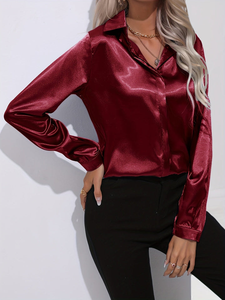 Satin Blouse - Glänsande Långärmad Skjorta med Knappar för Kvinnor