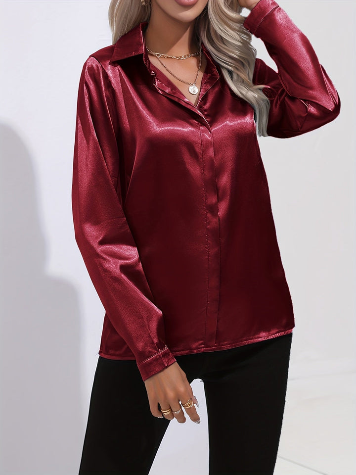 Satin Blouse - Glänsande Långärmad Skjorta med Knappar för Kvinnor