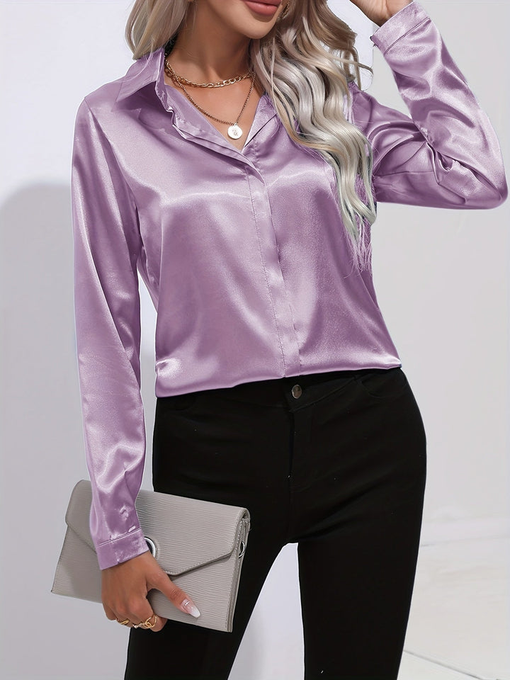 Satin Blouse - Glänsande Långärmad Skjorta med Knappar för Kvinnor