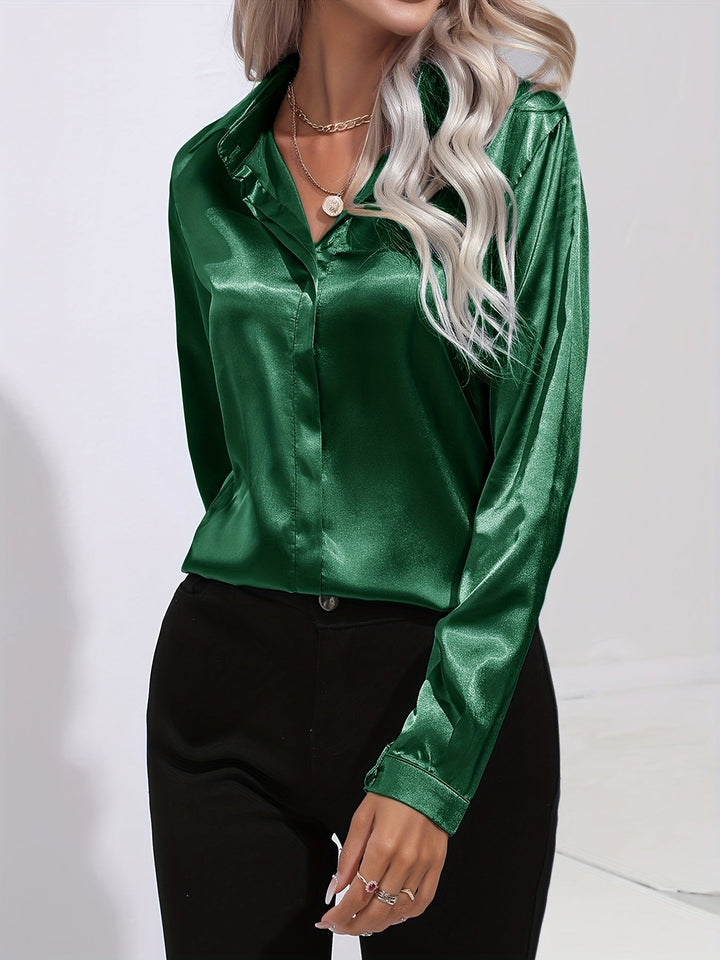 Satin Blouse - Glänsande Långärmad Skjorta med Knappar för Kvinnor