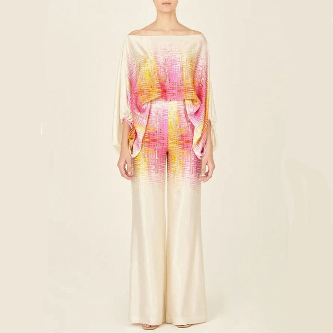 Satin Co-Ord - Tvådelat set med off shoulder-blus och byxor med vida ben för kvinnor