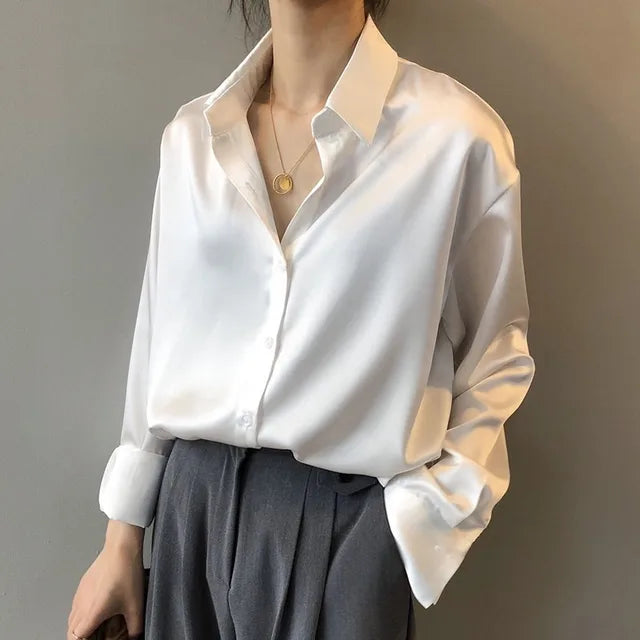 Satinblus - Elegant - Långärmad - Knäppbar blus - Satinskjortor för kvinnor