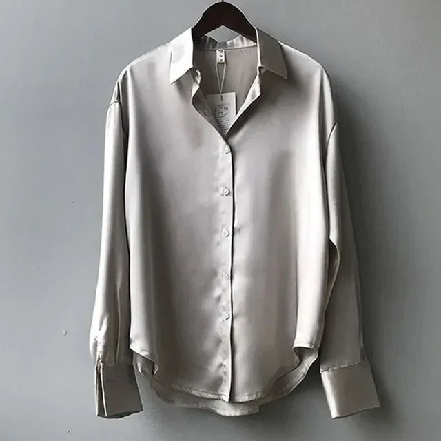 Satinblus - Elegant - Långärmad - Knäppbar blus - Satinskjortor för kvinnor