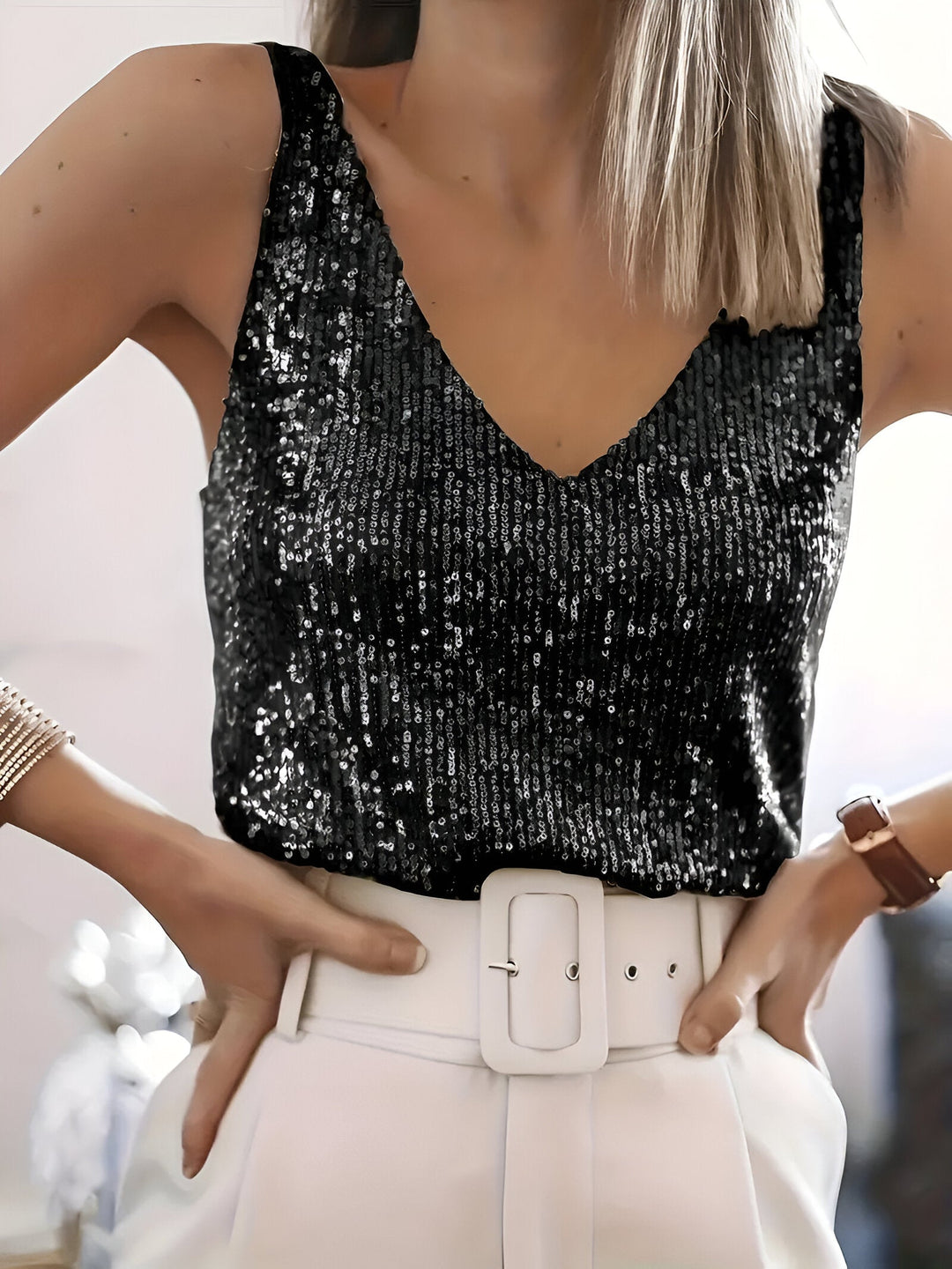 Sequin Top - Ärmlös V-neckad Glitter Party Top för kvinnor