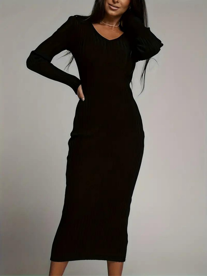 Serenella Långklänning | Långärmad ribbad bodycon-klänning