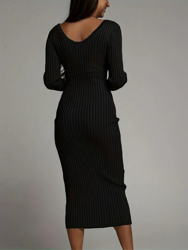 Serenella Långklänning | Långärmad ribbad bodycon-klänning