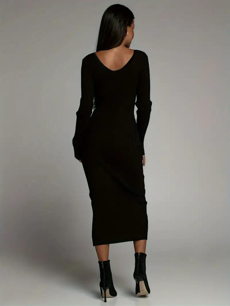 Serenella Långklänning | Långärmad ribbad bodycon-klänning