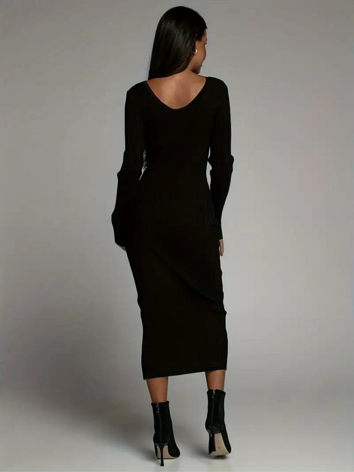 Serenella Långklänning | Långärmad ribbad bodycon-klänning