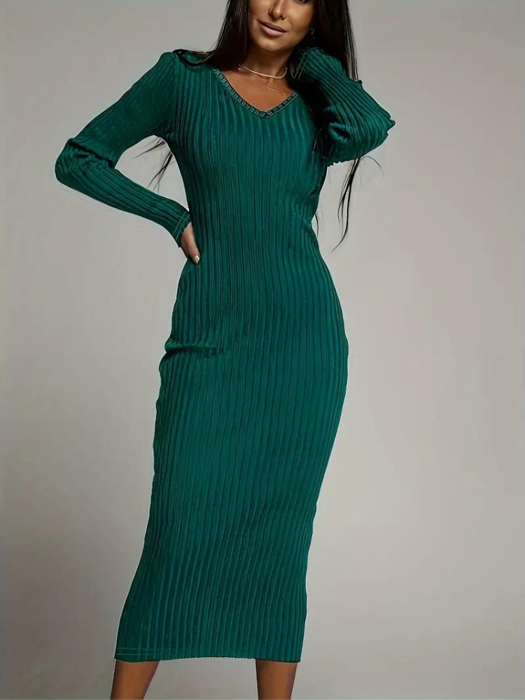Serenella Långklänning | Långärmad ribbad bodycon-klänning