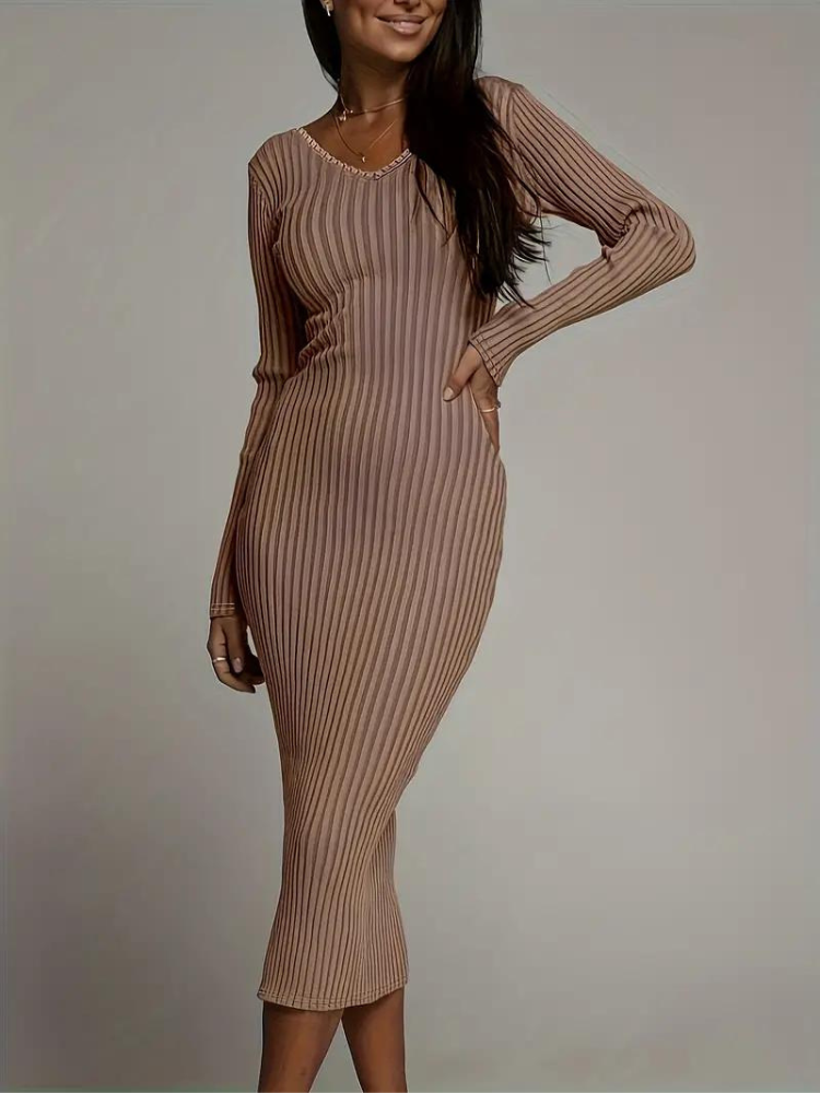 Serenella Långklänning | Långärmad ribbad bodycon-klänning