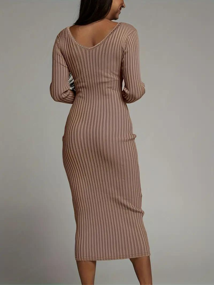 Serenella Långklänning | Långärmad ribbad bodycon-klänning