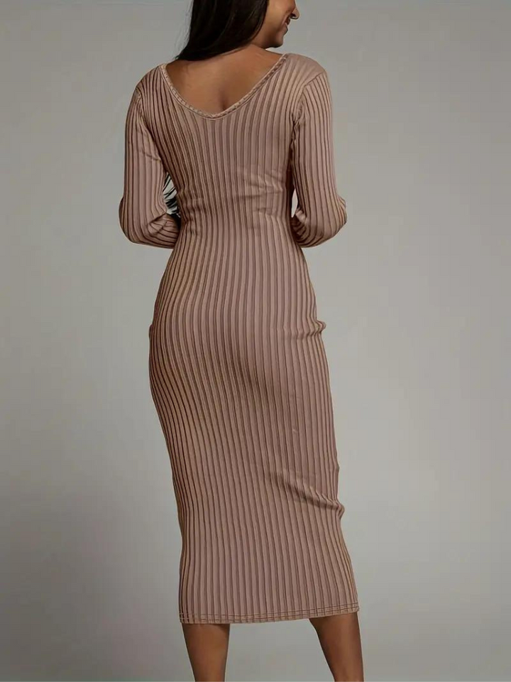 Serenella Långklänning | Långärmad ribbad bodycon-klänning
