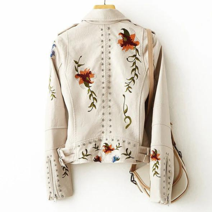 Skinnjacka - Blommönster för kvinnor Bikerjacka med nitar