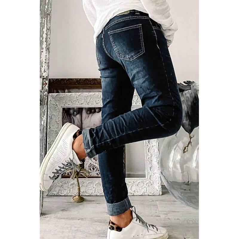 Skinny Jeans | Mörkblå | Knapp | Lågbyggda Jeans | Damjeans